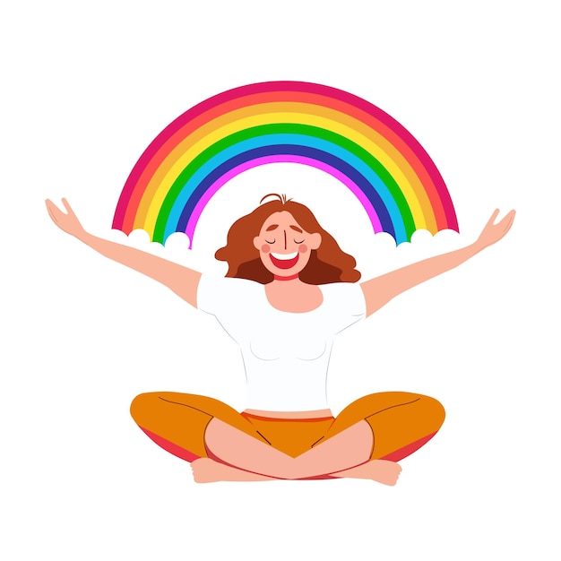 Happy woman sits in lotus pose and opens her arms to the rainbow Yoga meditation