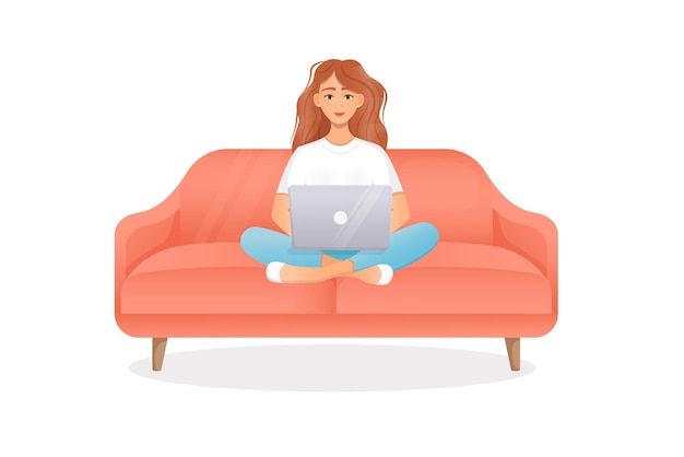 幸せな女性は、孤立した白い背景の上のソファにラップトップで座っています自宅のリモートワークオフィスの概念フリーランスプログラミングトレーニング学生漫画スタイルのベクトルフラットイラスト
