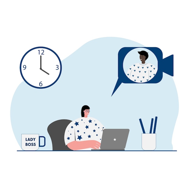 Happy woman sitting at the desk working sending message and talking to other people online vector illustration