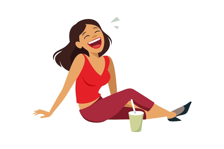 Vector happy woman sitting and laughing with drink