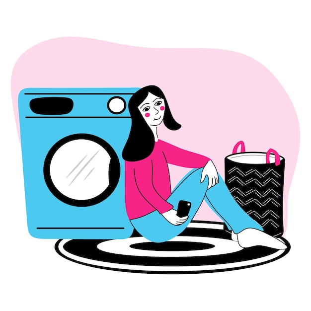 Happy woman sitting in laundry