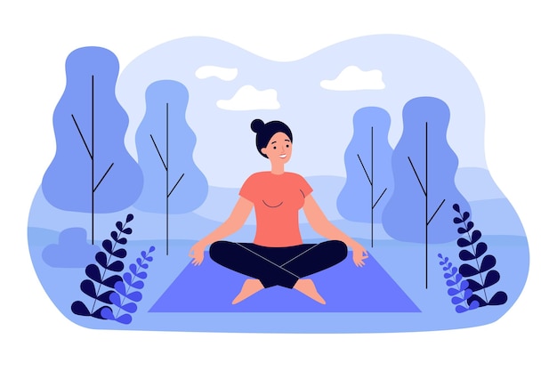 Happy woman sitting in lotus pose on nature flat illustration