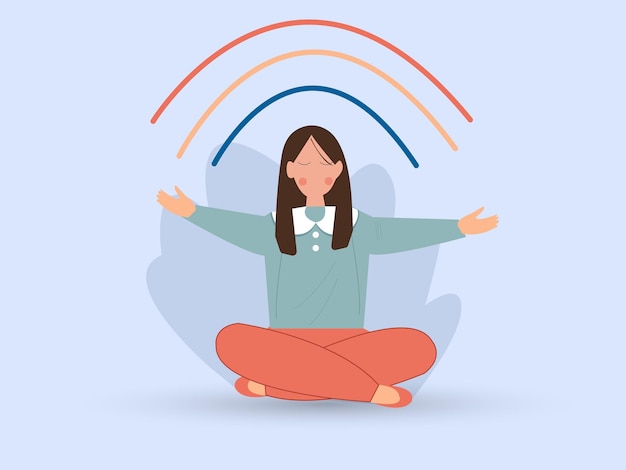Happy woman sitting in lotus pose and open her arms to rainbowvector illustration