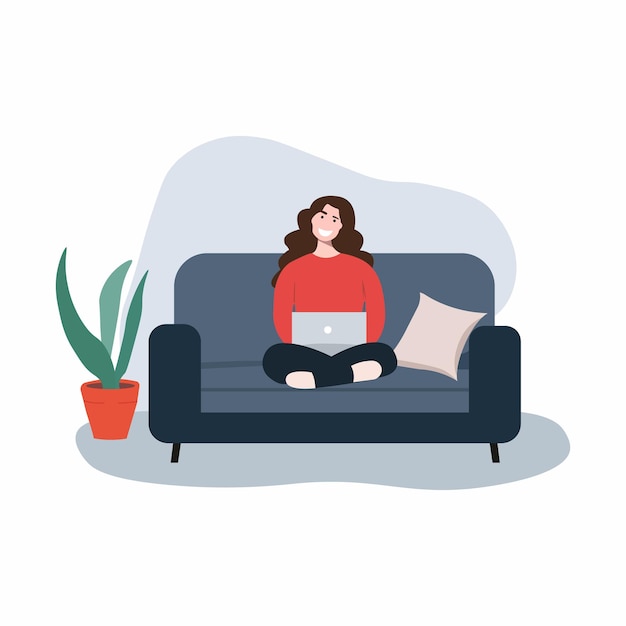 Vector happy woman sitting on sofa with laptop