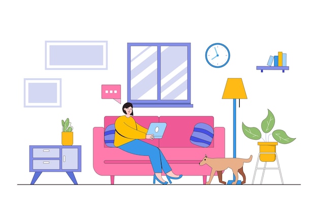 Счастливая женщина, сидящая на диване и работающая с ноутбуком дома Фрилансер и концепция домашнего образа жизни Можно использовать для фона инфографические изображения героев Современная векторная иллюстрация в плоском стиле