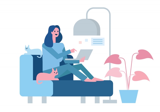 Happy woman sitting on sofa and working with laptop. Home quarantine concept design. illustration