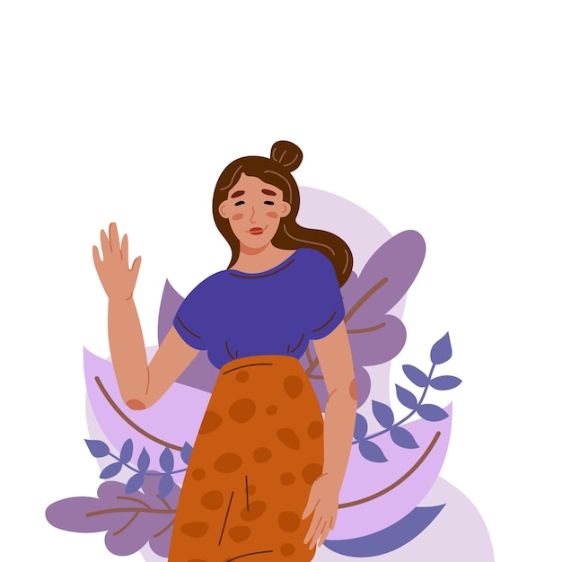 Vector happy woman smiling waving hand saying hi hello nice to meet you good bye welcoming people with informal greeting gesture hand drawn flat vector illustration