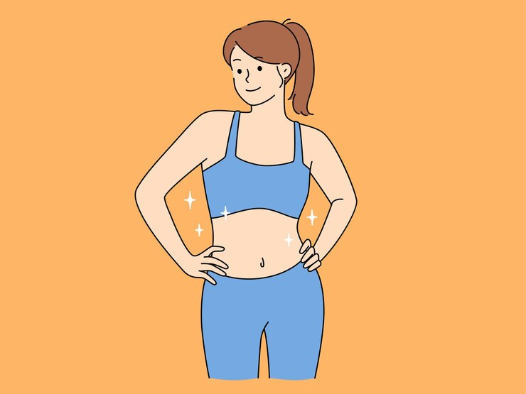 Vector 운동복을 입은 행복한 여자는 좋은 모양을 보여줍니다.