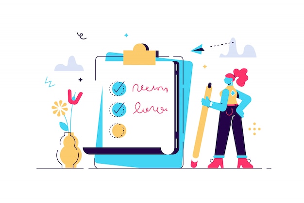 Vector happy woman standing beside giant check list and holding pen. concept of successful completion of tasks, effective daily planning and time management. vector illustration in flat cartoon style.