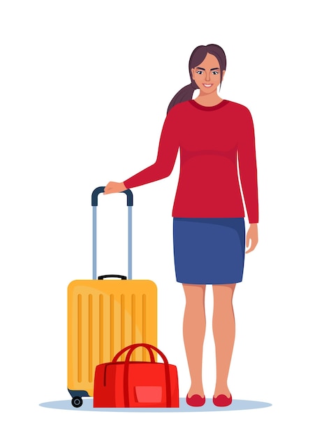 Vector happy woman stands with luggage ready for travel or commute suitcase and travel bag