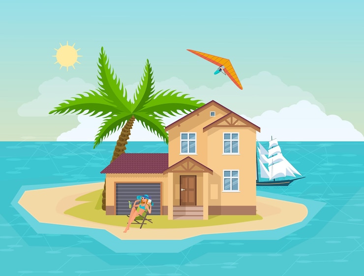 Vector happy woman sunbathing on beach summer vacation. seaside villa house at island surrounded by sea ocean. tropical exotic landscape with palm tree, sun, yacht ship and para plan activity cartoon vector