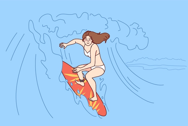 Happy woman surfing on waves in ocean