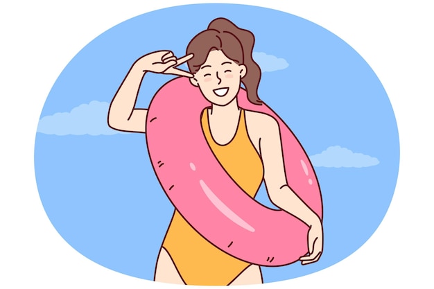 Happy woman in swimsuit for sunbathing and swimming in ocean rejoices summer vacation