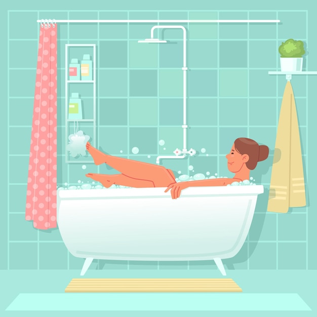 Happy woman takes a bath with salt and foam in the bathroom. daily hygiene procedures. vector illustration in flat style