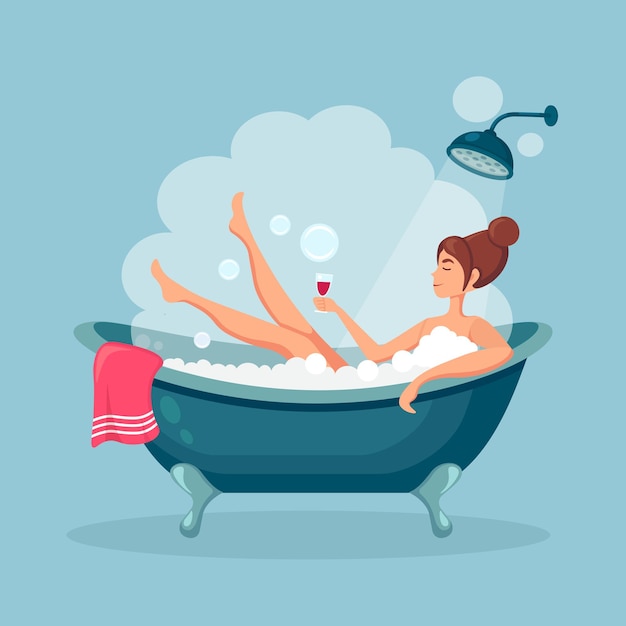 Vector happy woman taking bath in bathroom with rubber duck. wash head, hair, body, skin with shampoo, soap, sponge, water. bathtub full of foam with bubbles. hygiene, everyday routine, relax.