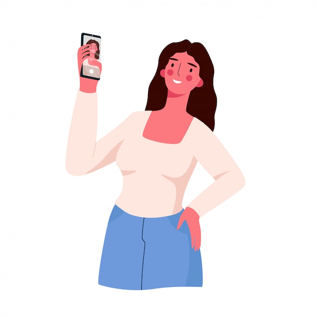 happy woman taking selfie using her smartphone isolated on white