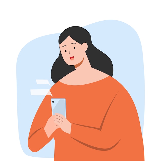 Vector happy woman texting message on smartphone