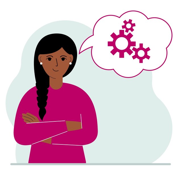 Happy woman thinks dreaming with gears concept. A woman or a businesswoman is thinking about solving a problem. Balloon with the image of three gears. Vector flat illustration.