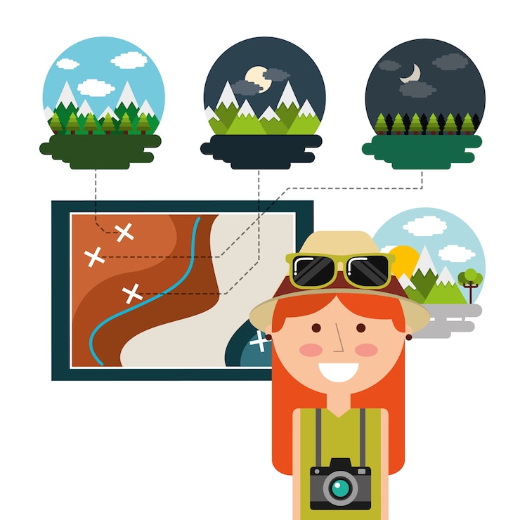 Vector happy woman traveler vacations map differents landscape 