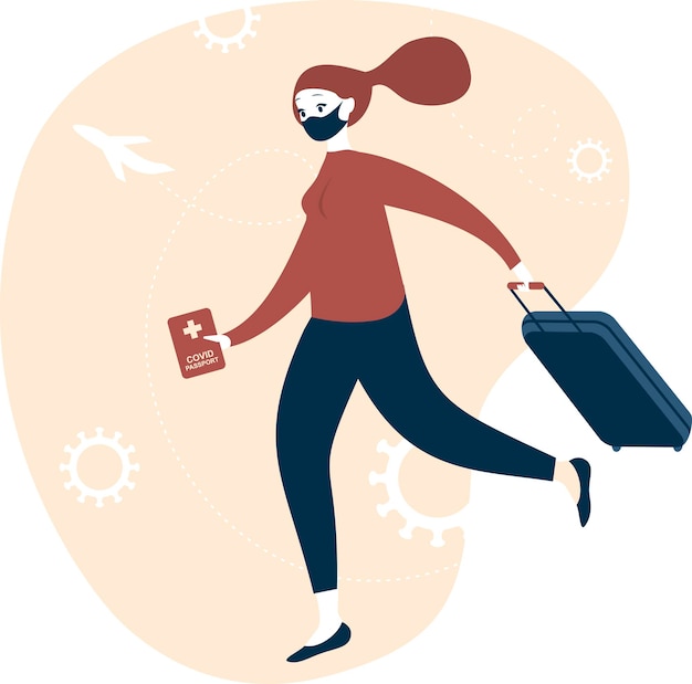 Счастливая женщина-путешественница с паспортом иммунитета Профилактика Covid19 Отрицательный ПЦР-тест на коронавирус Женщина-туристка с багажом и паспортом Новая норма для общения в поездках