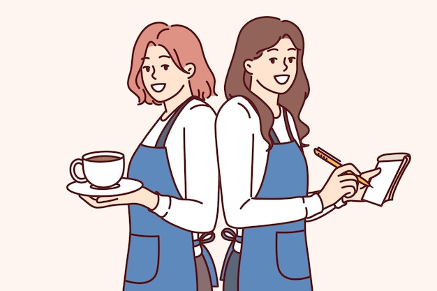 Happy woman waitresses smiling holding coffee and notepad for writing restaurant customer orders