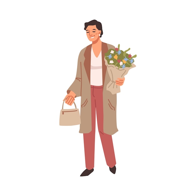 Happy woman walks with bouquet of flowers and bag