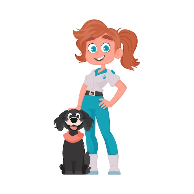 Vettore una donna felice che è un medico per animali ha un adorabile cane illustrazione vettoriale