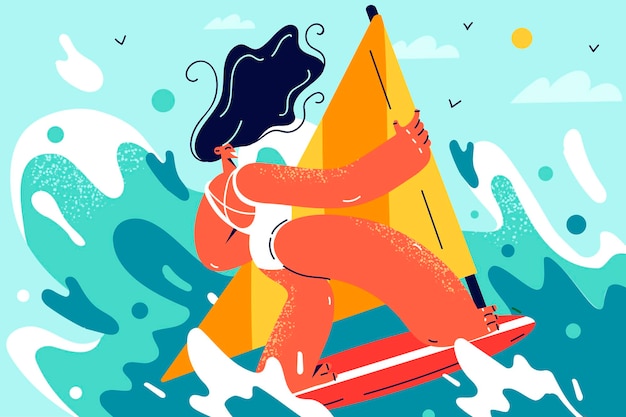 海でウィンドサーフィンをする幸せな女性