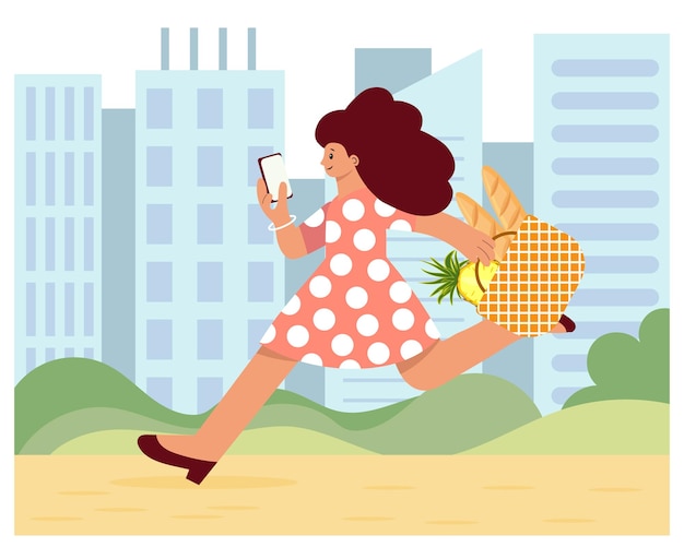 도시 풍경의 배경에 전화와 쇼핑백을 가진 행복한 여자. 삽화