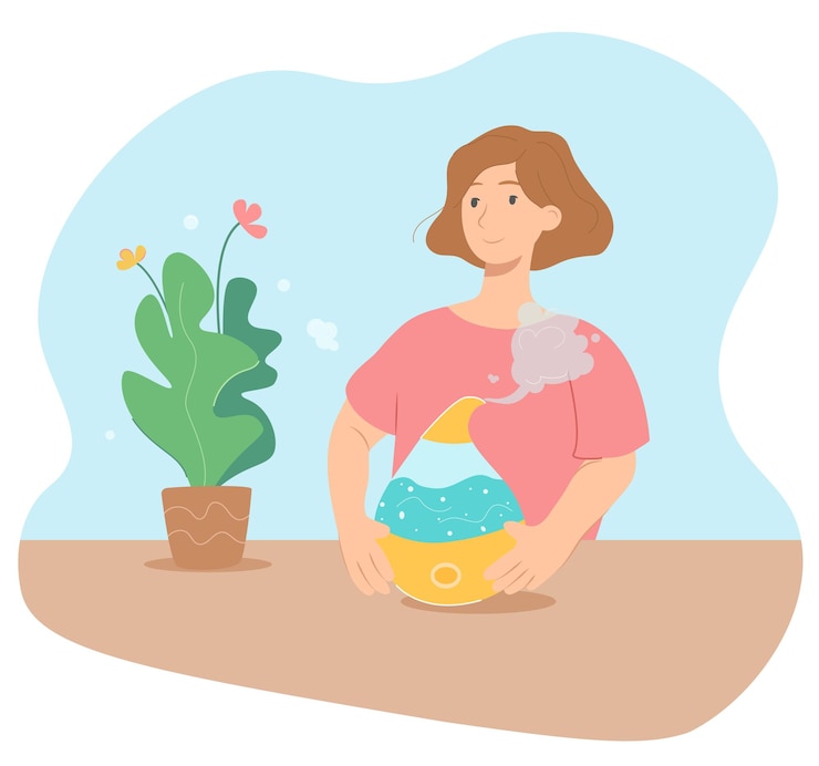 Vector happy woman with air humidifier device near blossoming plant. the device is moisturizing air and improve climate in the room, it remove dry air and makes plants to grow up better and to have good mood