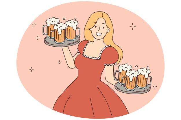 トレイでビールを飲む幸せな女性