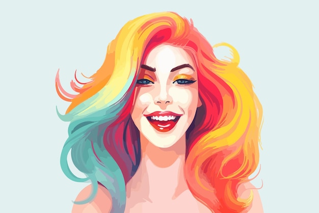 Happy woman with colorful hair creative female with unique hairstyle and hair color beauty and cosmetics concept vector illustration