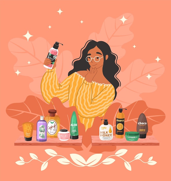 Happy woman with cosmetic bottle flat vector illustration beauty hair and skincare products on shelv