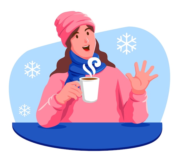 Vector happy woman with a cup of hot drink in the winter