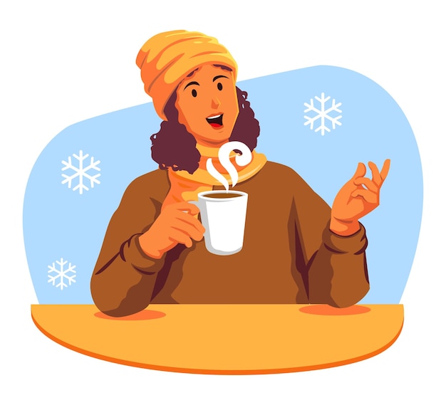 Happy woman with a cup of hot drink in the winter