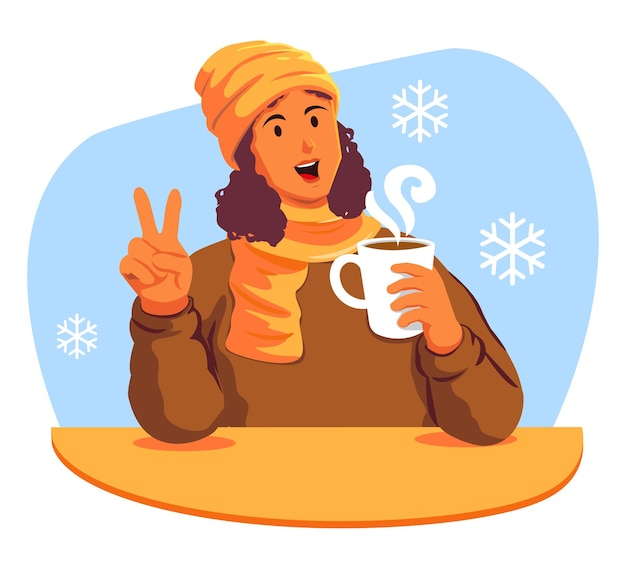 Vector happy woman with a cup of hot drink in the winter