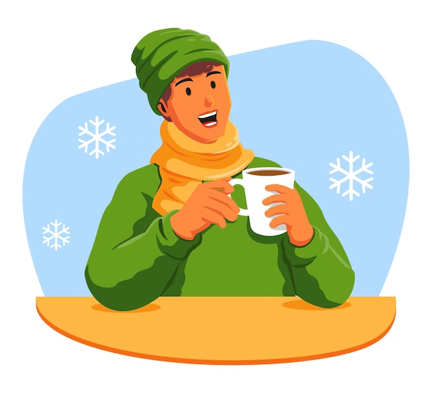 Happy woman with a cup of hot drink in the winter