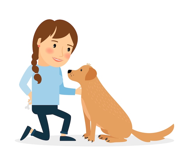 Vector happy woman with dog