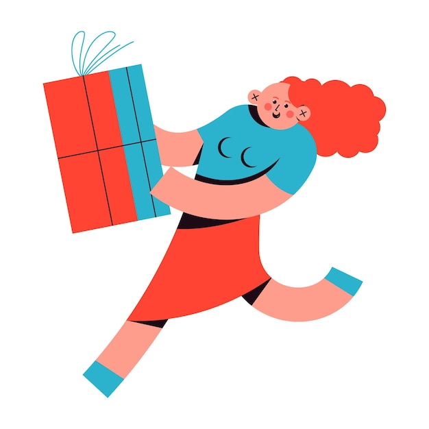 Happy woman with gift box character. Holiday shopping vector cartoon concept illustration isolated on a white background.