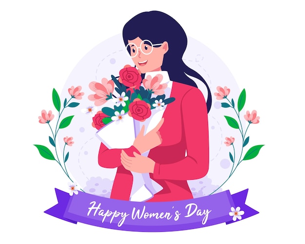 A Happy woman with glasses holding a bouquet of flowers. International Women's Day illustration