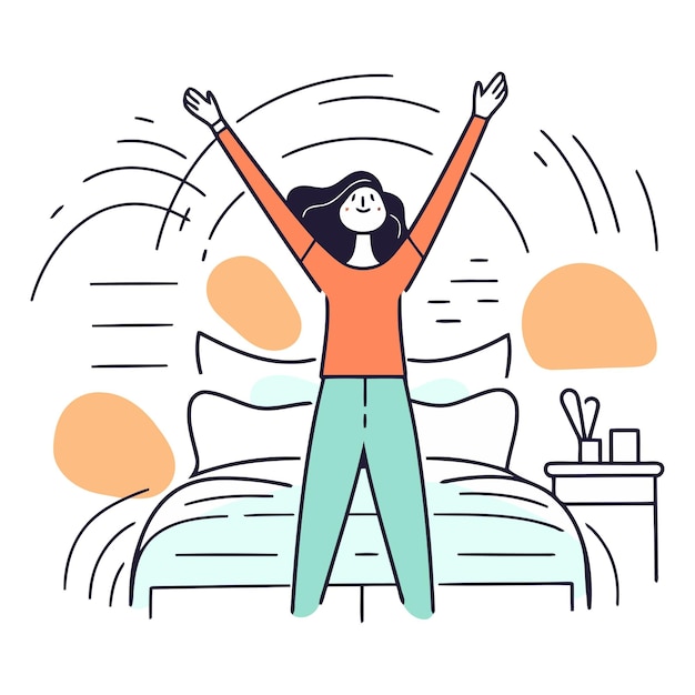 Вектор Счастливая женщина с поднятыми руками на кровати утром плоская векторная иллюстрация