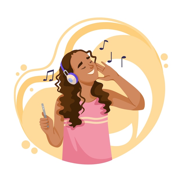 a happy woman with headphones enjoying music vector illustration on a light abstract background with musical notes vector illustration