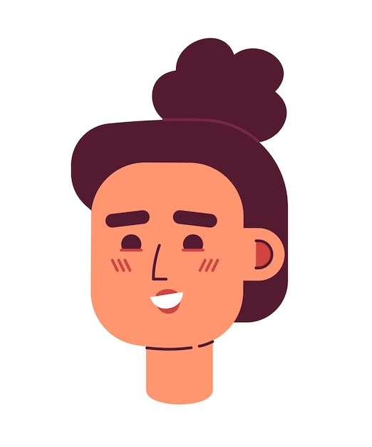 Happy woman with high messy curly bun semi flat vector character head