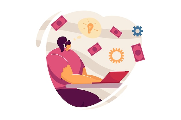 Happy woman with idea investing money. female character sitting at table with laptop flat vector illustration. startup, investment, freelance concept for banner, website design or landing web page