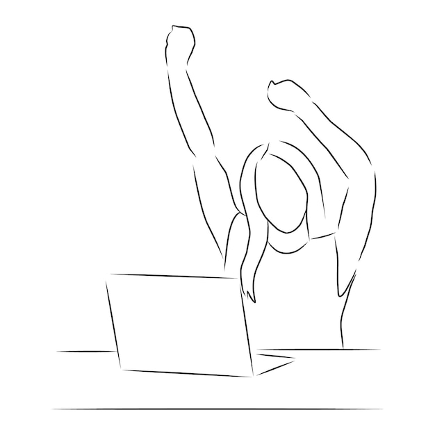 Happy woman with laptop vector Hand drawn sketch