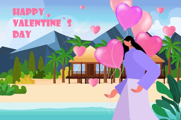 Happy woman with pink air balloons on tropical beach girl in love celebrating happy valentines day