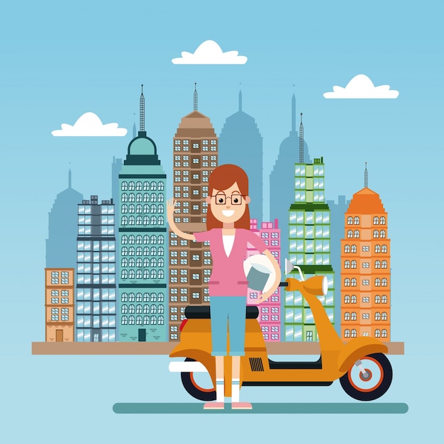 happy woman with scooter city background