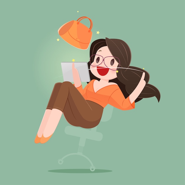 Happy woman with shopping bag enjoying in online shopping. business concept cartoon illustration