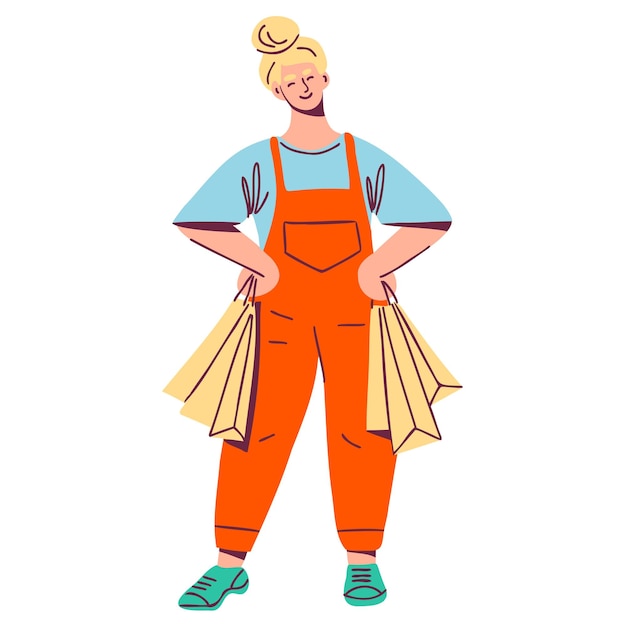 Happy woman with shopping bags Female character carrying purchases Hand drawn flat vector illustration