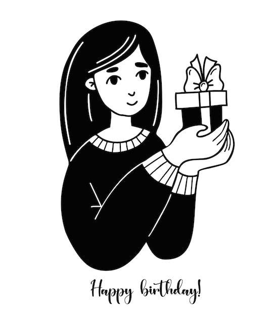 Happy woman with small gift happy birthday greeting